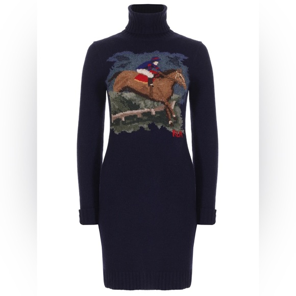 VINTAGE - Polo Ralph Lauren Wool Cashmere Equestrian Turtle Neck Sweater Dress - Picture 3 of 12